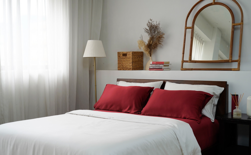 merlot red and stone white bedding