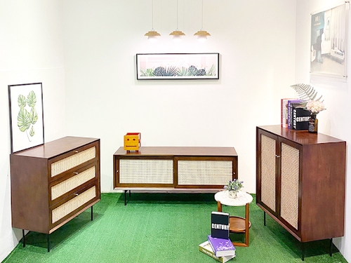 Camille Rattan Walnut Collection by Born In Colour at their Yishun Furniture Studio, featuring their Camille Rattan Wicker Walnut 2 Door Tall Buffet Cabinet and Camille Rattan Wicker Walnut TV Console.