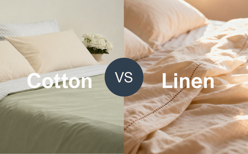 A side-by-side comparison of cotton and linen bedding, showing Weavve Home’s Willow Green cotton bedsheets alongside natural beige linen sheets.