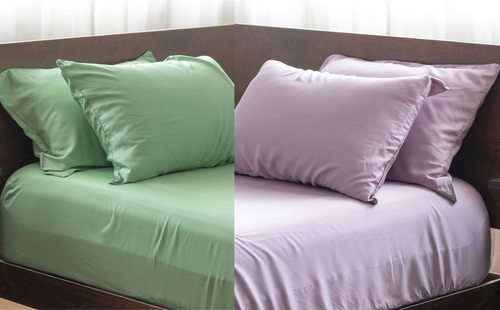 close up green and lilac bedsheet