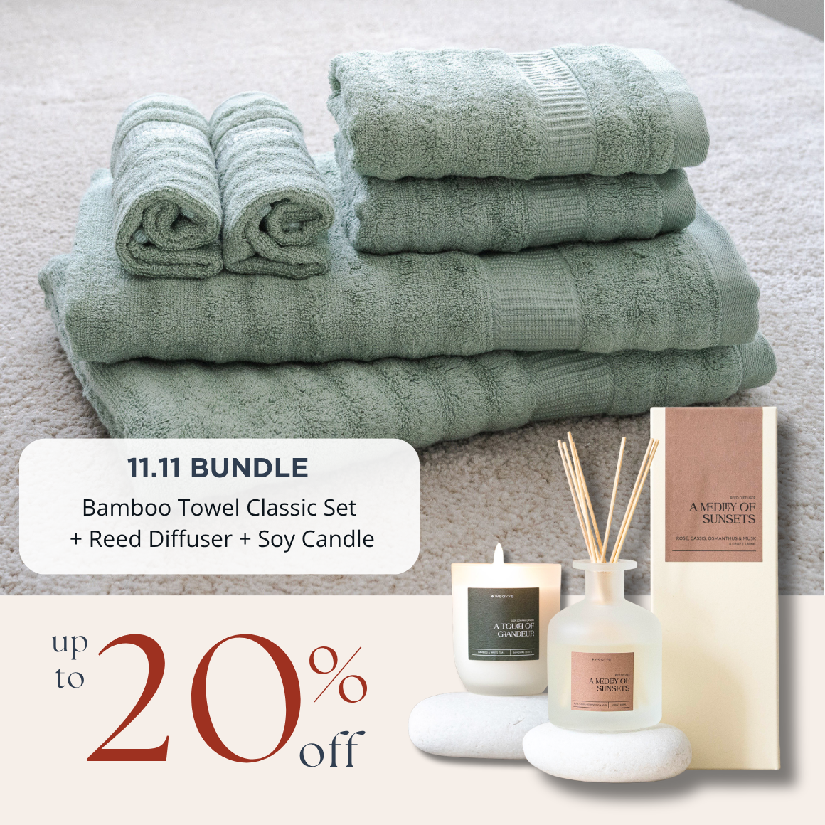 [11.11 SPECIAL] - Bamboo Towel Classic Set + Reed Diffuser + Soy Candle