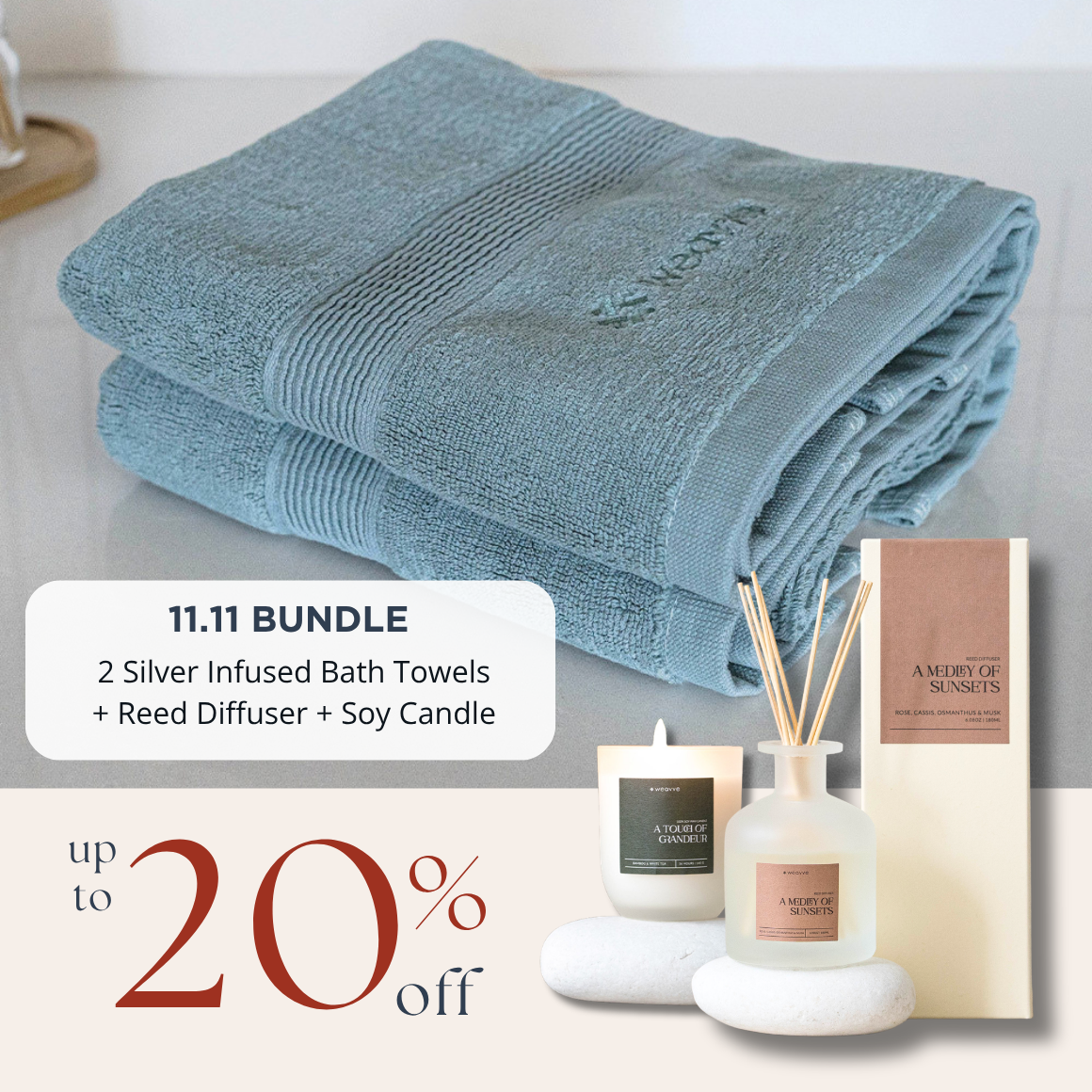 [11.11 SPECIAL] - Silver Infused Bath Towel Set + Reed Diffuser + Soy Candle