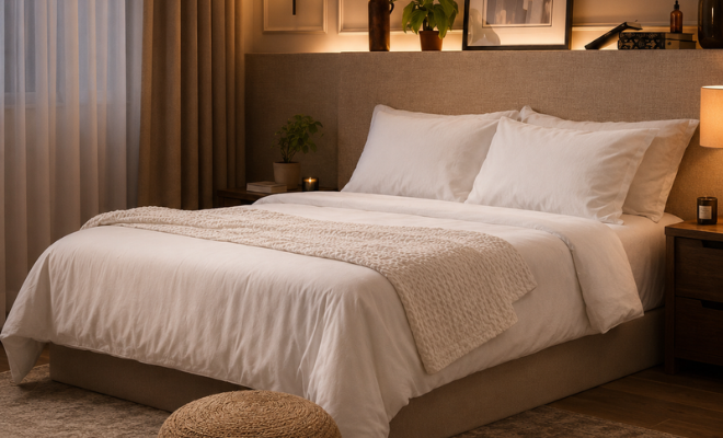 full bedroom shot with white tencel bed sheets from weavve home