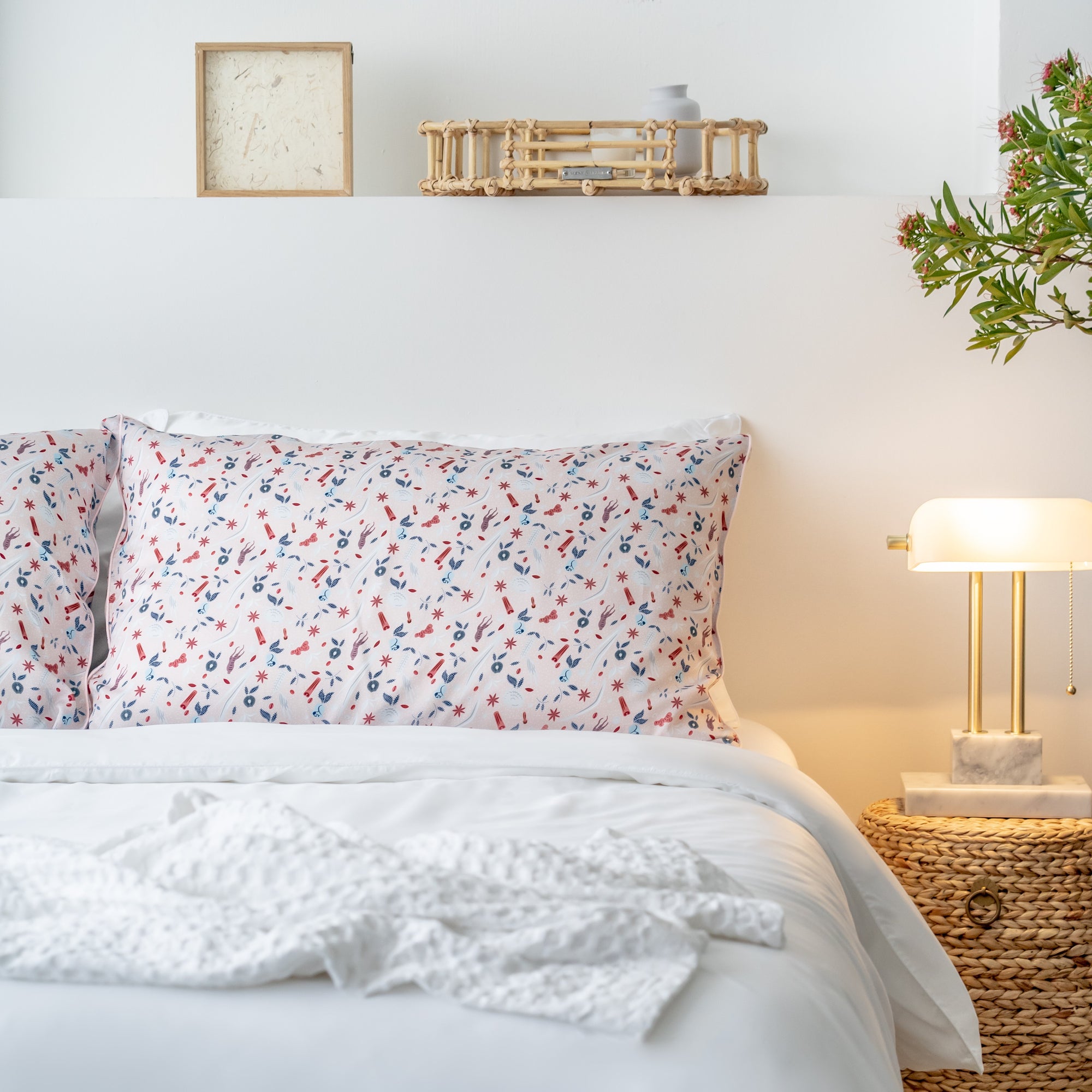 Weavve Home x SCENE SHANG Tencel Bed sheets collection singapore. Featuring SCENE SHANG Love is a Warm Brew print. TENCEL pillowcase pair in pink  prints - Love is a Warm Brew print by SCENE SHANG. Shop tencel bed sheets online Singapore at Weavve Home.
