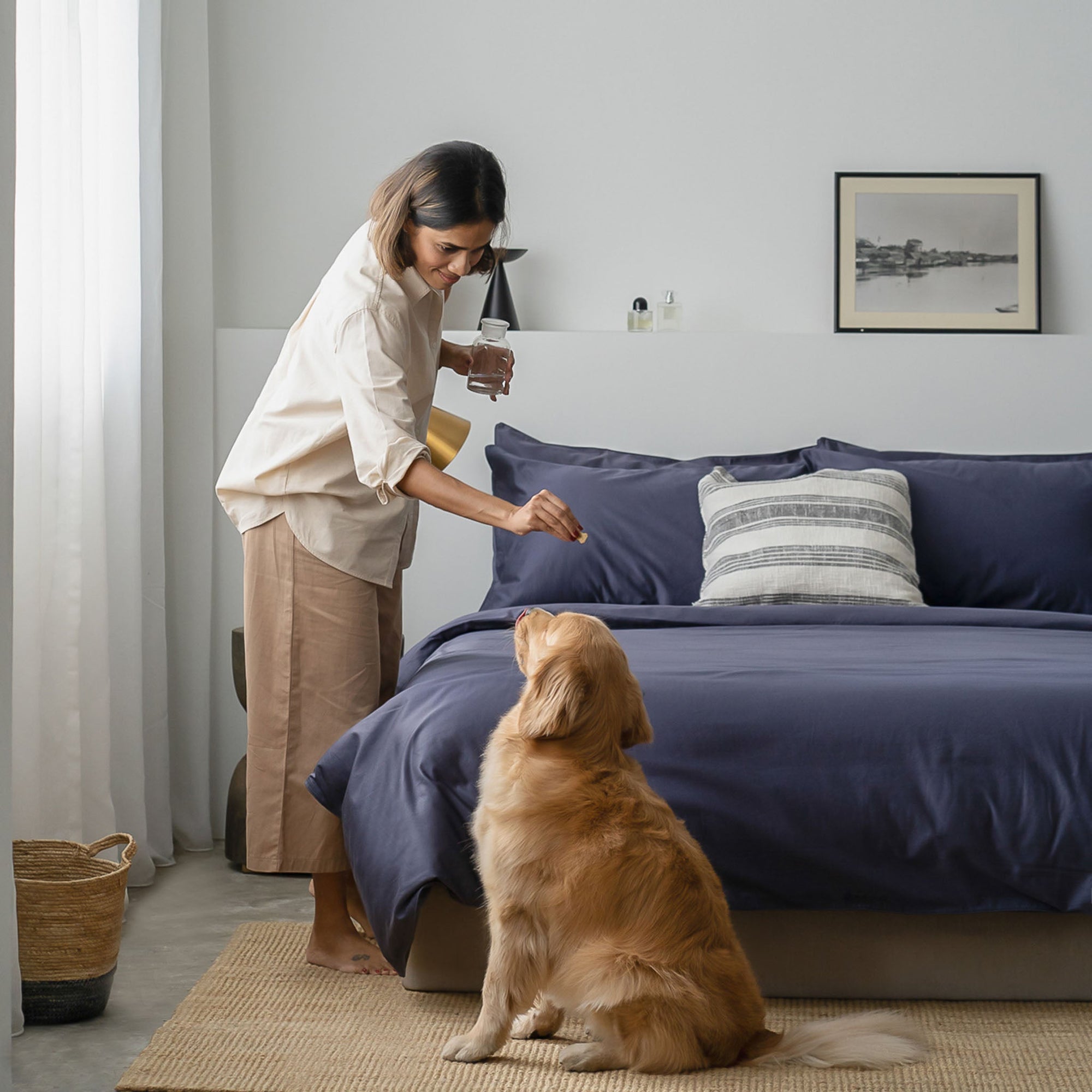 Dark Blue Cotton Bed Sheets Fitted Sheet Set with Tencel fitted sheet, Tencel Pillow Case, Tencel Duvet Cover. Buy Dark Blue Tencel Fitted bed sheet set at Weavve Home, Shop Egyptian Cotton Bed Sheets Singapore and Luxury Hotel Sheets. 400 High Thread Count Bed Sheet. 