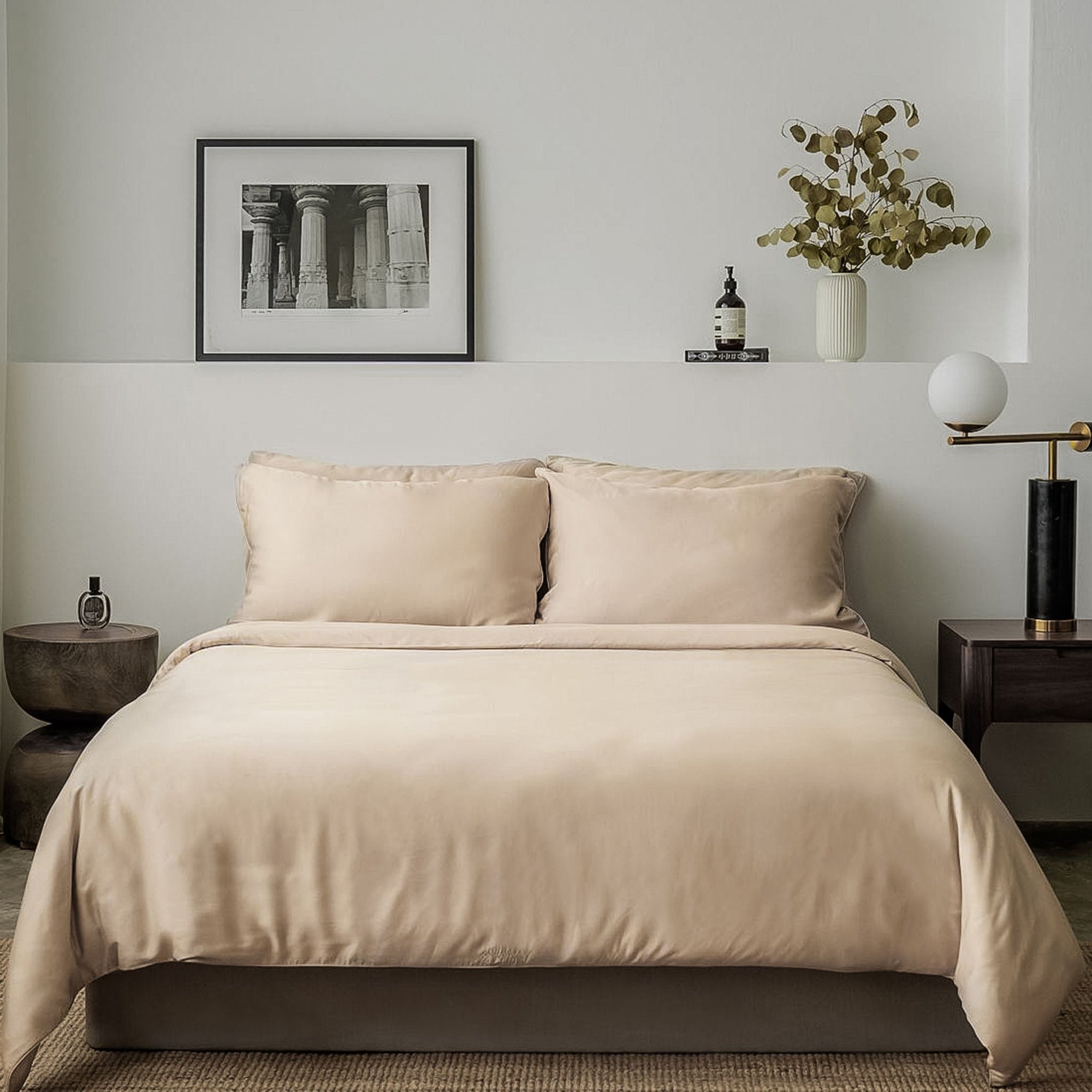 Sand Taupe TENCEL Bed Sheets Fitted Sheet Set with Tencel fitted sheet, Tencel Pillow Case, Tencel Duvet Cover. Buy Sand TaupeTencel Fitted bed sheet set at Weavve Home, Best Bed Sheets Singapore and Luxury Hotel Sheets. 400 High Thread Count Bed Sheet. 