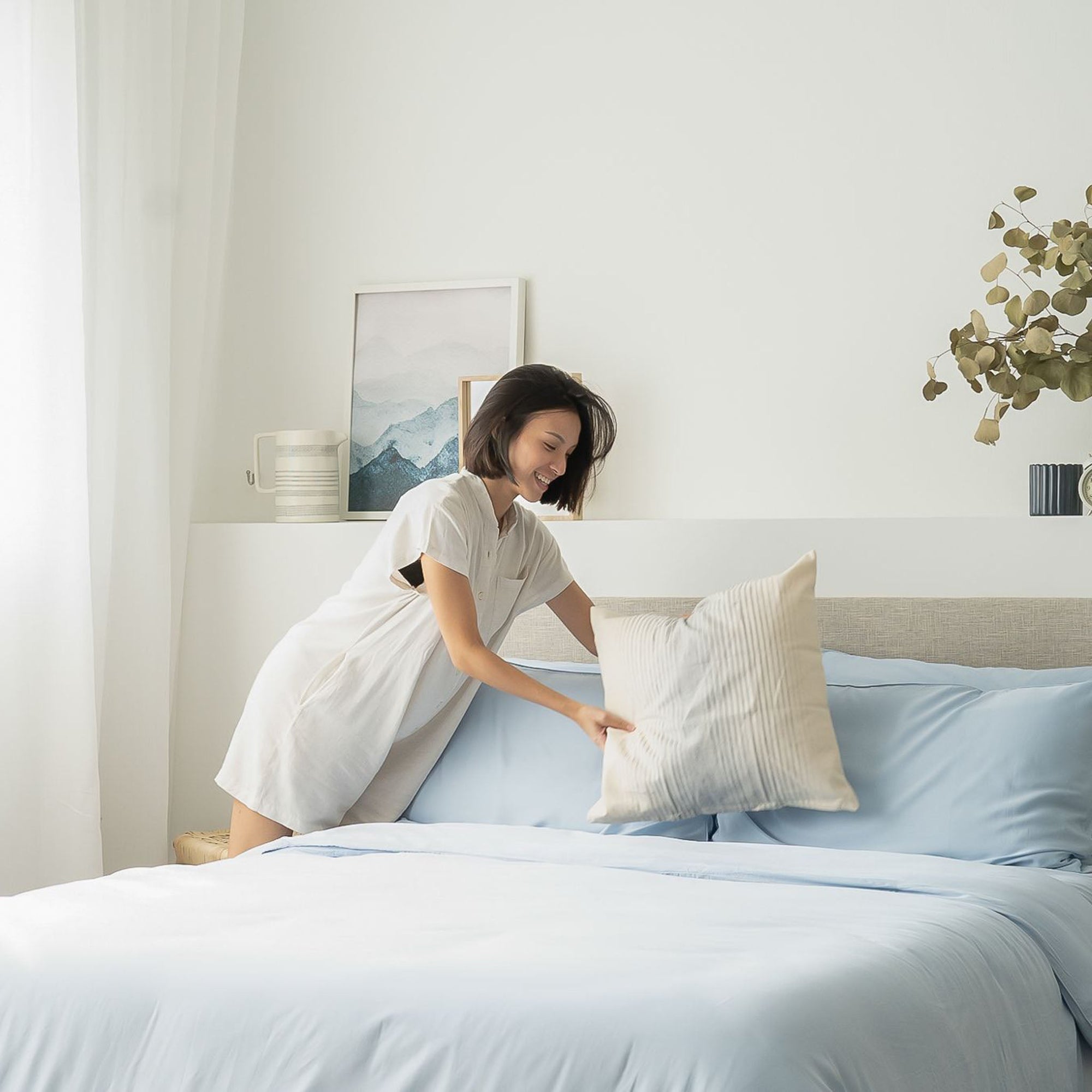 Sky Blue TENCEL Bed Sheets Classic Set with Tencel Fitted Sheet, Tencel Pillow Case, Tencel Duvet Cover. Buy Sky Blue Bed Sheets at Weavve Home, Best Bed Sheets Singapore and Luxury Hotel Sheets. 400 High Thread Count Bed Sheet. 