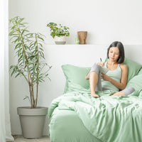 Fern Green TENCEL Bed Sheets Deluxe Set with Tencel Fitted Sheet, Tencel Pillow Case, Tencel Bolster Case, Tencel Duvet Cover. Buy Fern Green Bed Sheets at Weavve Home, Best Bed Sheets Singapore and Luxury Hotel Sheets. 400 High Thread Count Bed Sheet. 