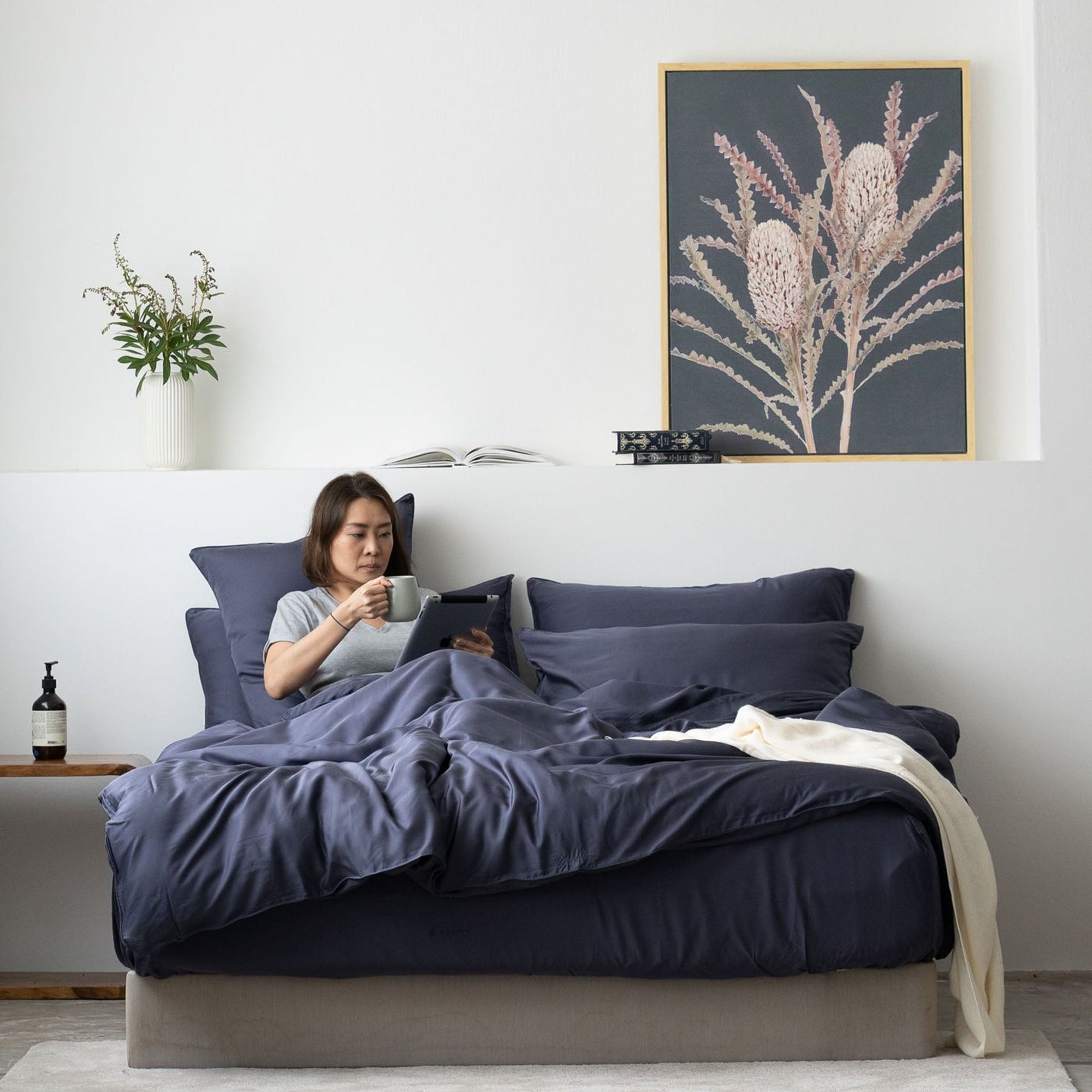 Dark Blue TENCEL Bed Sheets Deluxe Set with Tencel Fitted Sheet, Tencel Pillow Case, Tencel Bolster Case, Tencel Duvet Cover. Buy Dark Blue Bed Sheets at Weavve Home, Best Bed Sheets Singapore and Luxury Hotel Sheets. 400 High Thread Count Bed Sheet. 