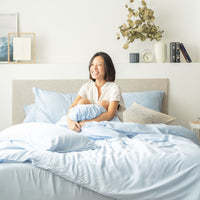 Sky Blue TENCEL Bed Sheets Fitted Sheet Set with Tencel fitted sheet, Tencel Pillow Case, Tencel Duvet Cover. Buy Sky Blue Tencel Fitted bed sheet set at Weavve Home, Best Bed Sheets Singapore and Luxury Hotel Sheets. 400 High Thread Count Bed Sheet. 